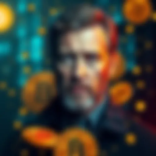 A man resembling Hal Finey, surrounded by Bitcoin symbols and digital currency imagery, reflecting the debate over his identity as Bitcoin's creator.