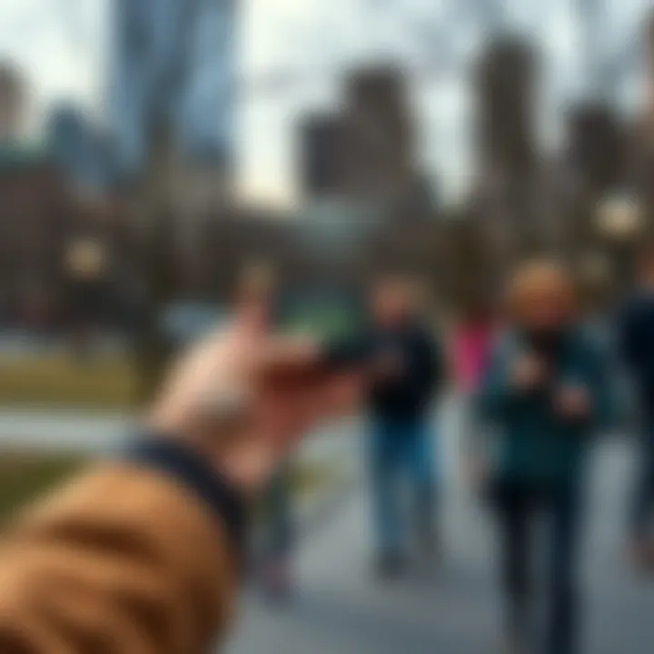 Handheld NFT Minting Device A person holds a small handheld device designed for minting NFTs in a NYC park, with curious onlookers watching.