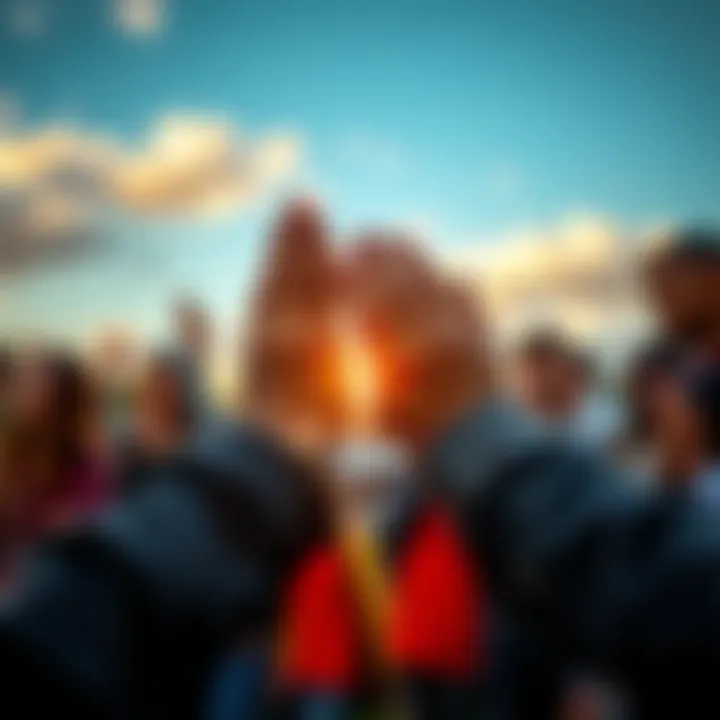 A diverse group of people holding hands and praying together outdoors, symbolizing unity and support in tough times.