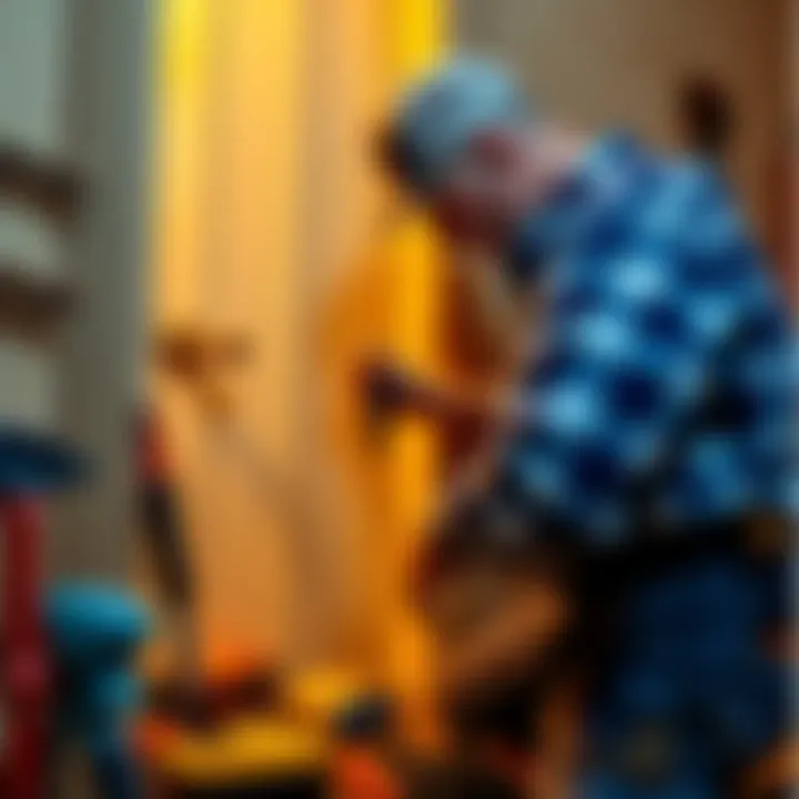 Handyman at work A handyman fixing a door while tools are spread out nearby