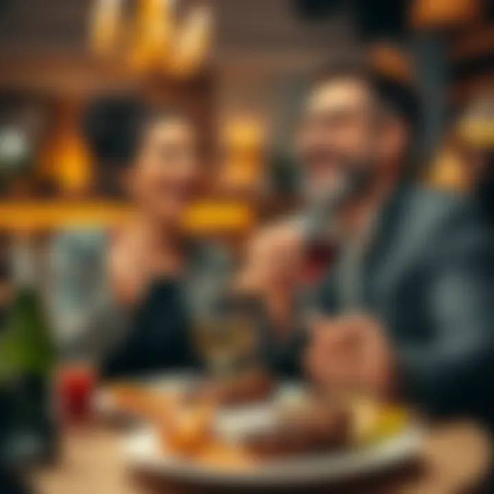 A joyful couple enjoying steak dinner together, celebrating financial gains with bright smiles and a cozy atmosphere.