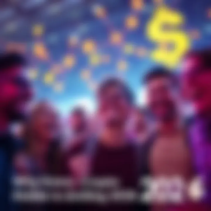 A group of happy people celebrating their gains in cryptocurrency, smiling and enjoying the moment together, with digital currency symbols in the background.