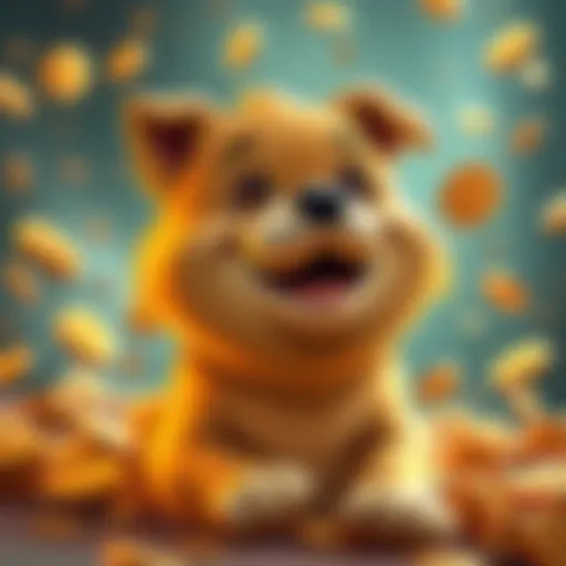 A cheerful cartoon dog with a golden color representing Dogecoin, surrounded by coins and playful elements, showcasing excitement in cryptocurrency investment.