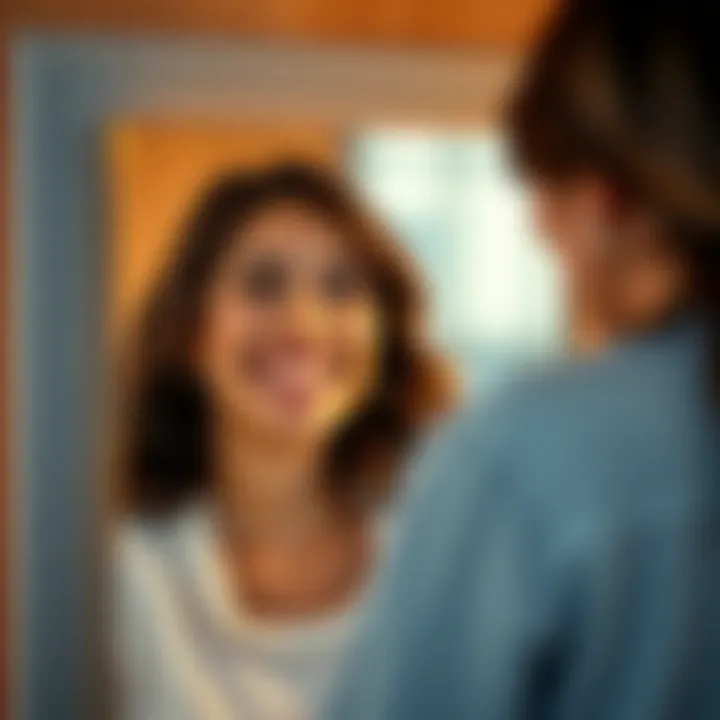 A joyful person looking in the mirror with a big smile, radiating confidence and self-love.