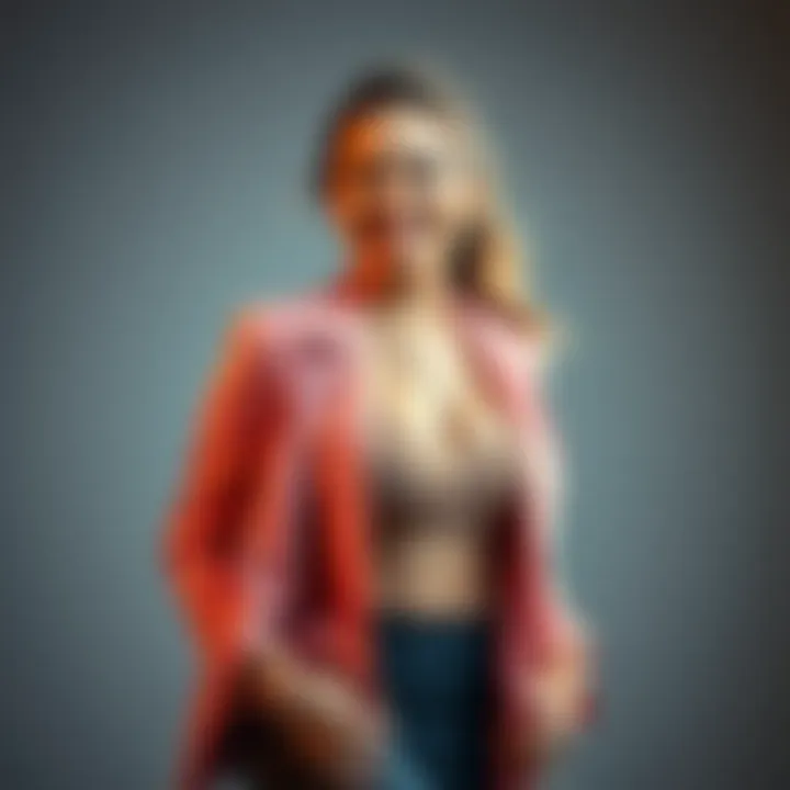 A cheerful woman with a confident smile, showcasing her curves in a stylish outfit, radiating body positivity and embracing her femininity.