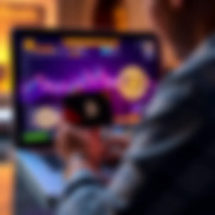 A person holding a hardware wallet while looking at a laptop screen with Bitcoin graphics