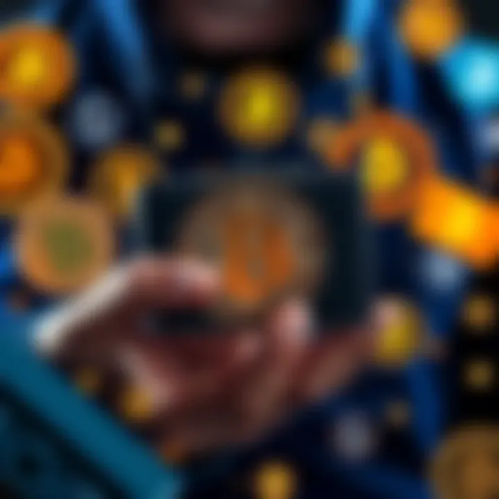 Hardware wallet for Bitcoin storage A person holding a hardware wallet with Bitcoin logo, surrounded by various cryptocurrency symbols