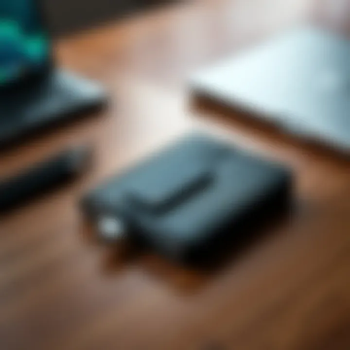 Hardware Wallet on Table A hardware wallet placed on a wooden table with a laptop and a pen nearby, indicating secure storage for digital assets.