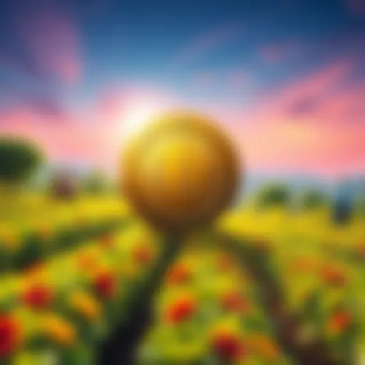 Illustration of a token representing trees on a vibrant plantation, showcasing monthly harvests with people discussing investment strategies in the background.