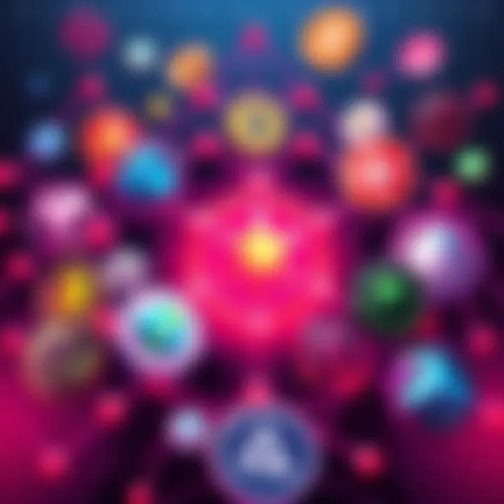 An illustration showing a hashgraph symbol surrounded by competing blockchain logos, symbolizing the ongoing battle for attention in the tech world