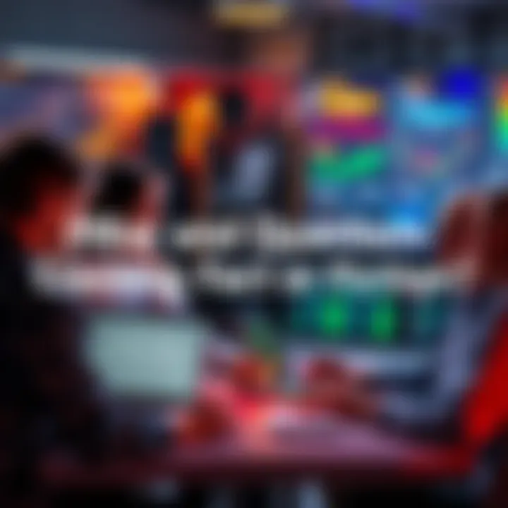 A group of people discussing Hbar's security against quantum cracking with laptops and charts in a tech setting.