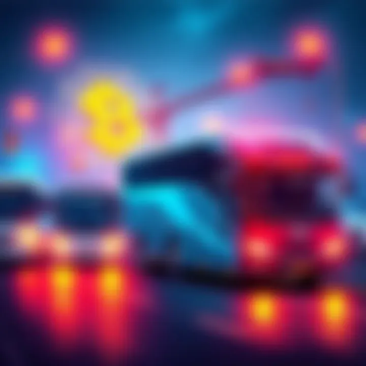 Illustration showing modern transportation vehicles like electric buses and trucks with a digital overlay symbolizing $HBAR technology integration