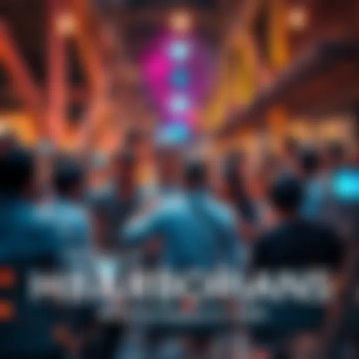 A diverse group of people celebrating and discussing HBARbarians in a modern urban setting, with technology and blockchain visuals around them.