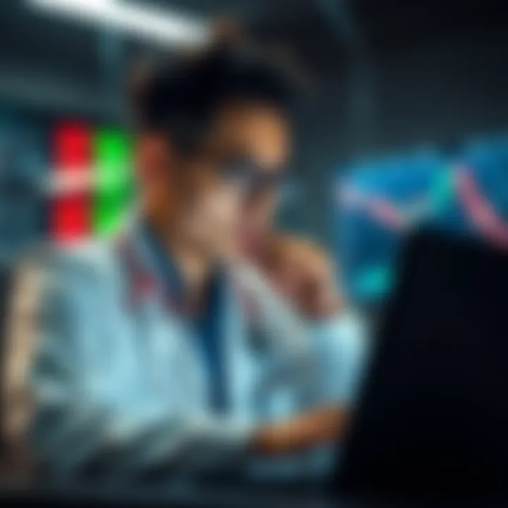 A traveling healthcare worker looks stressed while checking financial charts on a laptop, reflecting their struggles with day trading.