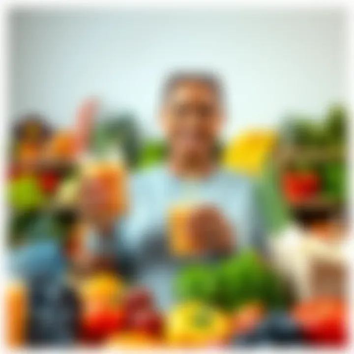 Healthy Lifestyle Transformation A person smiling while holding a smoothie and standing in front of fresh fruits and vegetables, symbolizing a health journey.