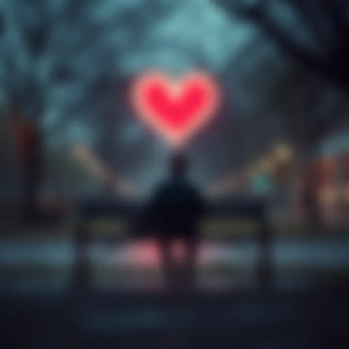 Heartbroken person sitting alone A person sits alone on a park bench looking sad, with a heart symbol fading into the background, representing heartbreak.