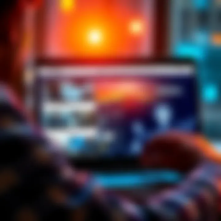 A person looking at a laptop screen displaying Hedera news articles and videos, with logos of reliable sources like HBARBull visible.