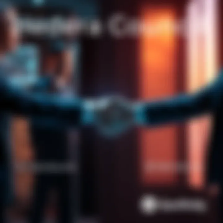 Hedera Council members shaking hands with HalbornSecurity representatives, symbolizing a new partnership, alongside logos of community partners hashpack and Genfinity.