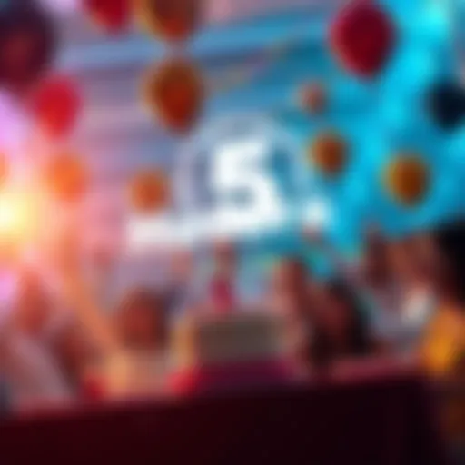 A vibrant celebration scene with people enjoying a party, balloons, and a cake decorated with Hedera's logo, representing five years of success.