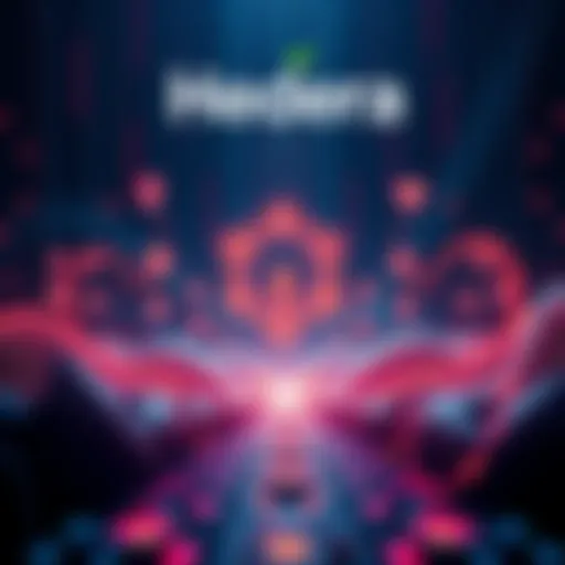 Graphic showing Hedera Hashgraph's transition with symbols of growth and innovation