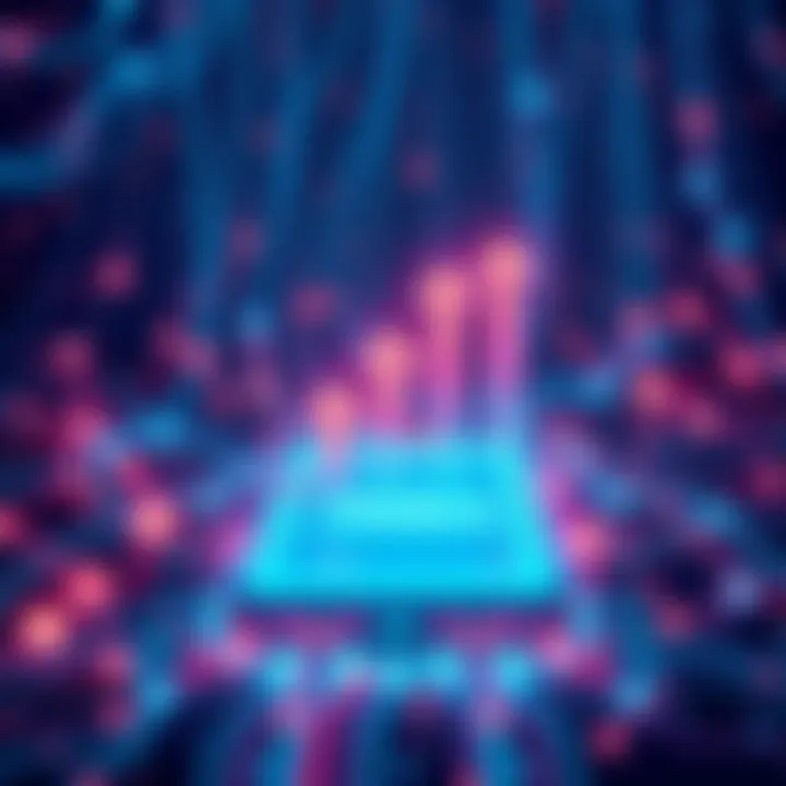 Illustration showing a digital representation of Hedera's network with increasing transaction arrows, symbolizing a rise in efficiency and speed, surrounded by AI elements.