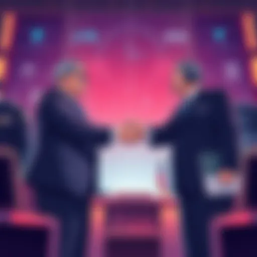 An illustration showing a handshake between tech leaders and military officials, with digital elements representing AI and enterprise solutions in the background.