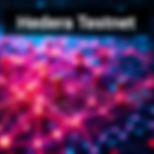 A digital representation of Hedera Testnet showing over 11,000 TPS with network nodes and graphs illustrating growth.