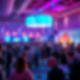 A vibrant conference scene showing attendees engaging in discussions about blockchain technology, with branding from HederaCon and Accenture visible.