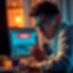 A frustrated user looking at a computer screen showing a blocked account message from HitBTC, with a concerned expression.