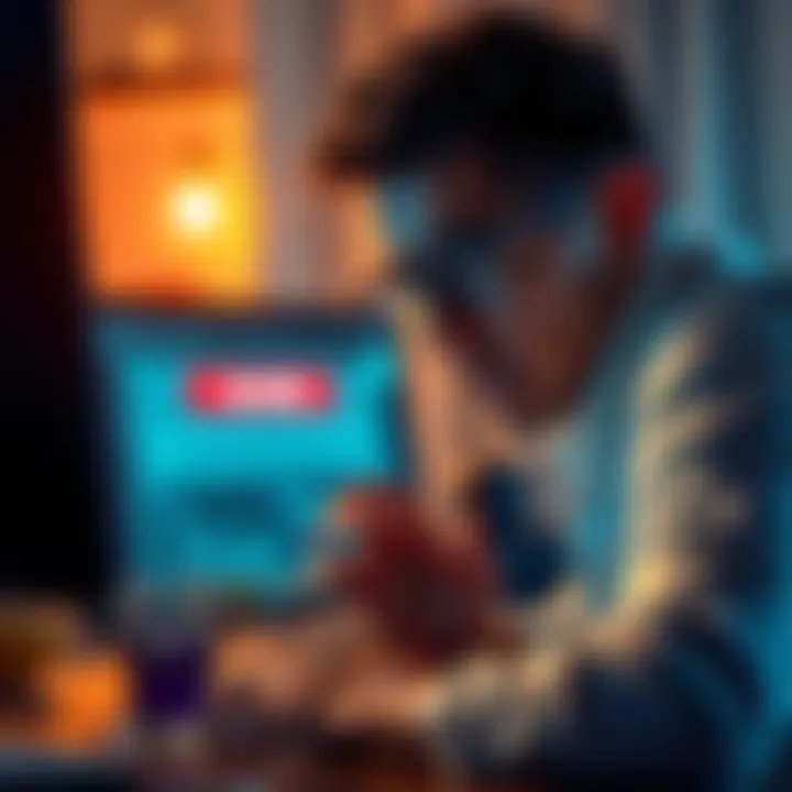 A frustrated user looking at a computer screen showing a blocked account message from HitBTC, with a concerned expression.
