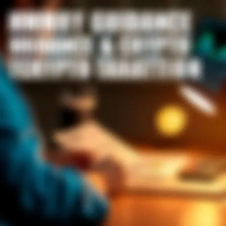 A person reviewing tax documents related to cryptocurrency transactions at a desk, with a laptop and calculator present.