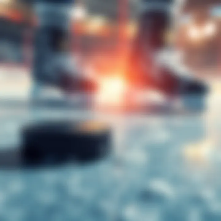 A hockey puck resting on the rink ice with skates in the background, symbolizing the upcoming hockey season.