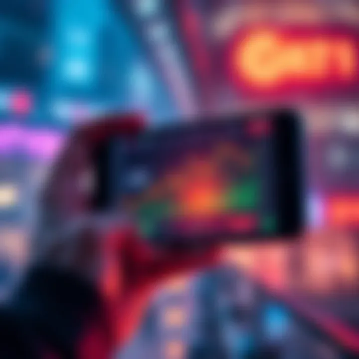 A person holding a smartphone displaying cryptocurrency prices with a focus on rising charts, symbolizing the HODL strategy.