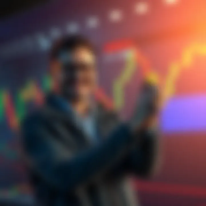 A visual representation of the HODL term in cryptocurrency, showing a confident investor holding digital coins while market charts fluctuate in the background.