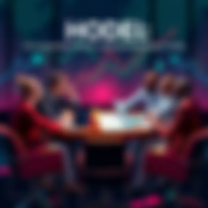 A group of diverse investors discussing the HODL strategy at a round table with charts and graphs showing upward trends.