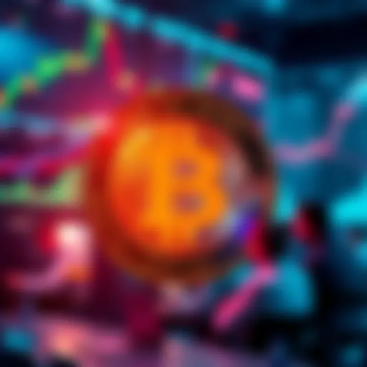 A close-up of a digital currency symbol representing HOGE, surrounded by charts showing upward trends and people discussing in a forum.