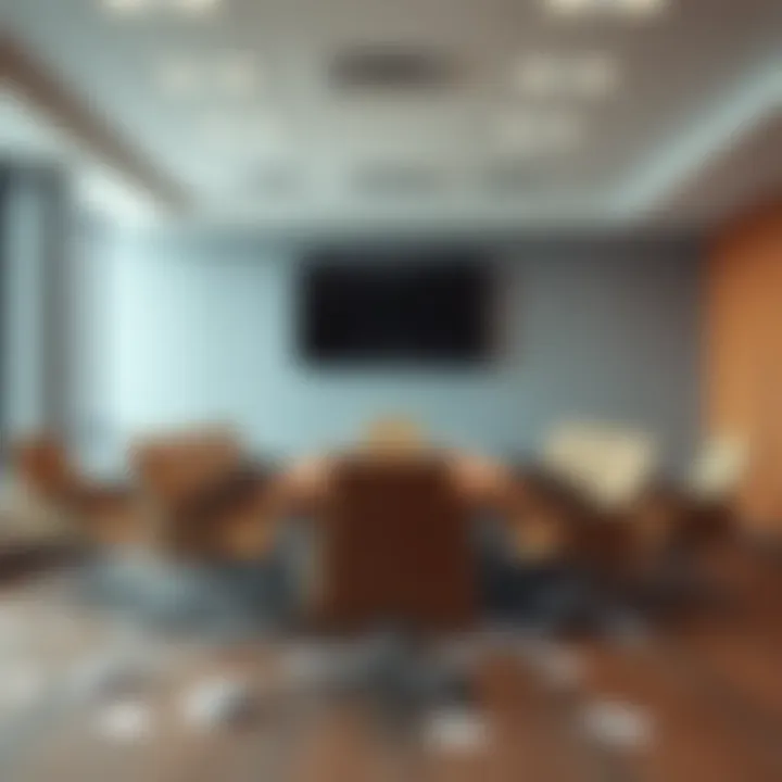 Hoge Leadership Meeting Room A quiet meeting room with empty chairs and a table, signaling a decline in activity; papers scattered around suggest recent discussions.