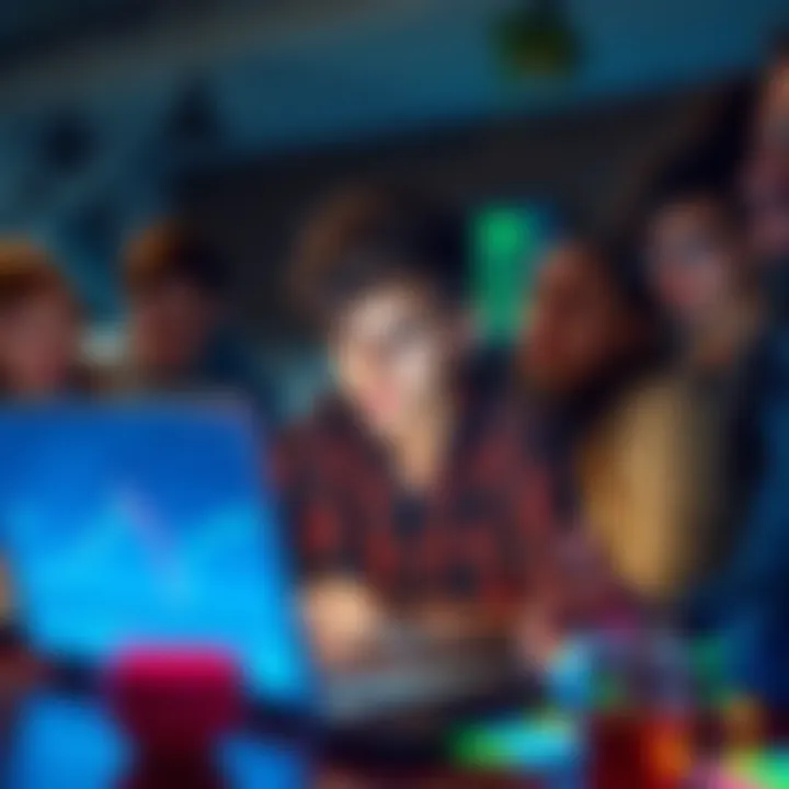 A young holder reviewing market trends on a laptop with a look of concern, surrounded by financial charts and community members engaged in discussion.