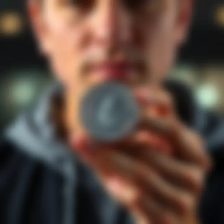 A person holding a physical Litecoin coin with a thoughtful expression, reflecting on long-term investment.