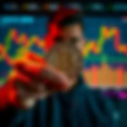 A person holding a Bitcoin with a fluctuating market graph in the background