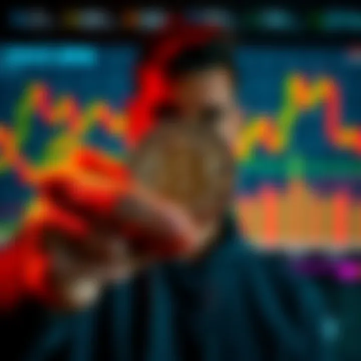 A person holding a Bitcoin with a fluctuating market graph in the background