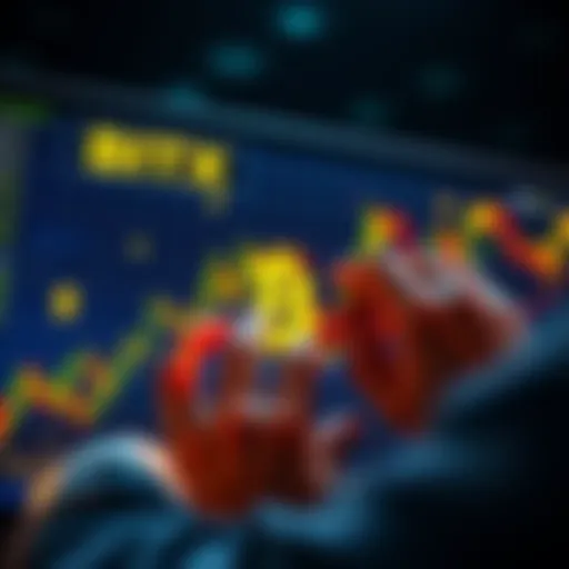 A person analyzing a graph showing the performance of BITX (2x Bitcoin ETF) with dollar signs and charts around them