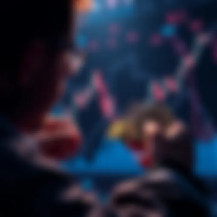 A person looking at a fluctuating market graph while holding digital currency, symbolizing patience in investment.