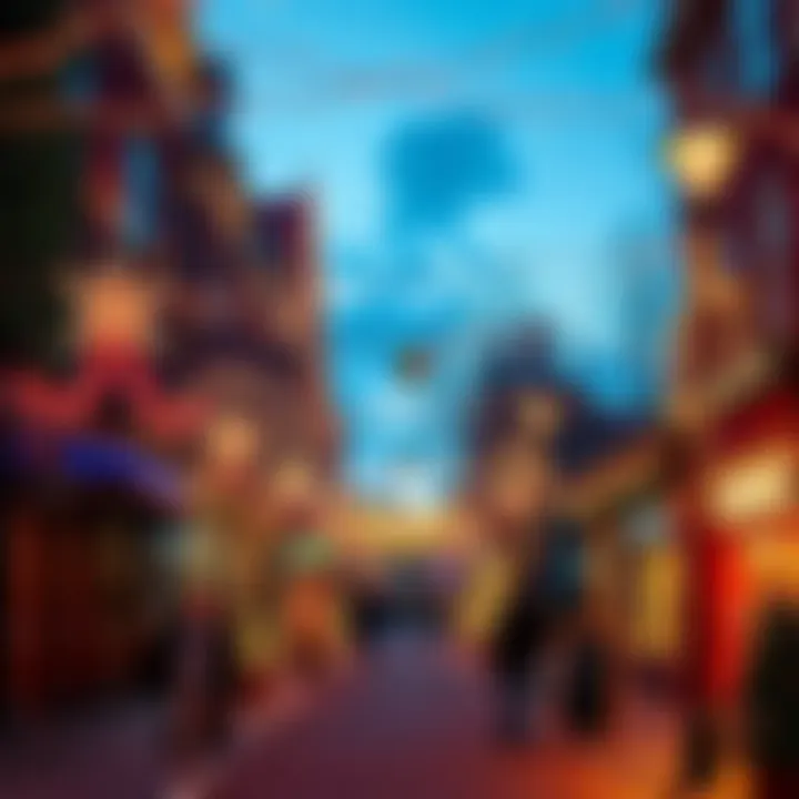 A street adorned with colorful Christmas lights and festive decorations, creating a joyful holiday atmosphere.