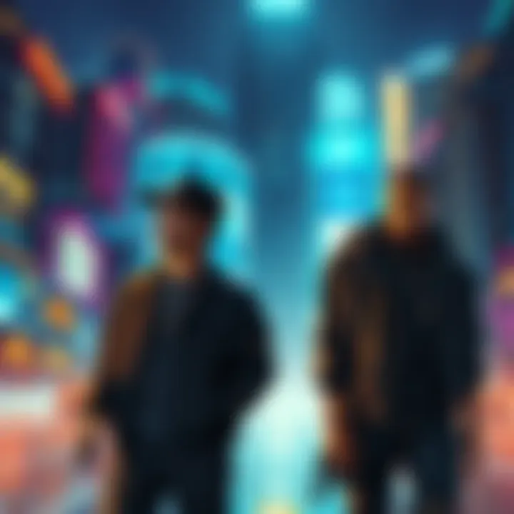 A futuristic cityscape with digital currency symbols, featuring Ashton Kutcher and Kanye West in sci-fi attire, representing a potential Bitcoin movie.