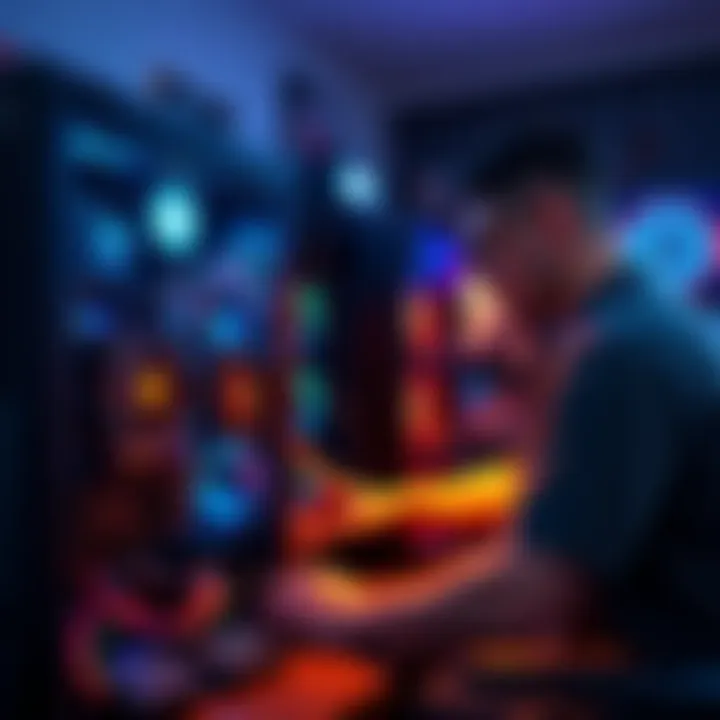 A person setting up a Bitcoin mining rig at home with multiple computer components and graphics cards visible