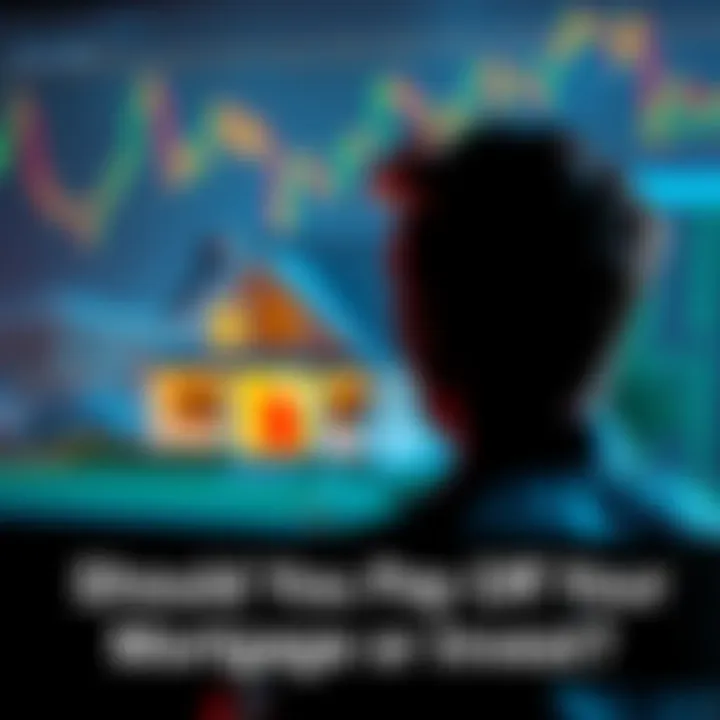 Home and Investment Decision A person weighing options between paying off a mortgage and investing in stocks, with a home and financial graphs in view