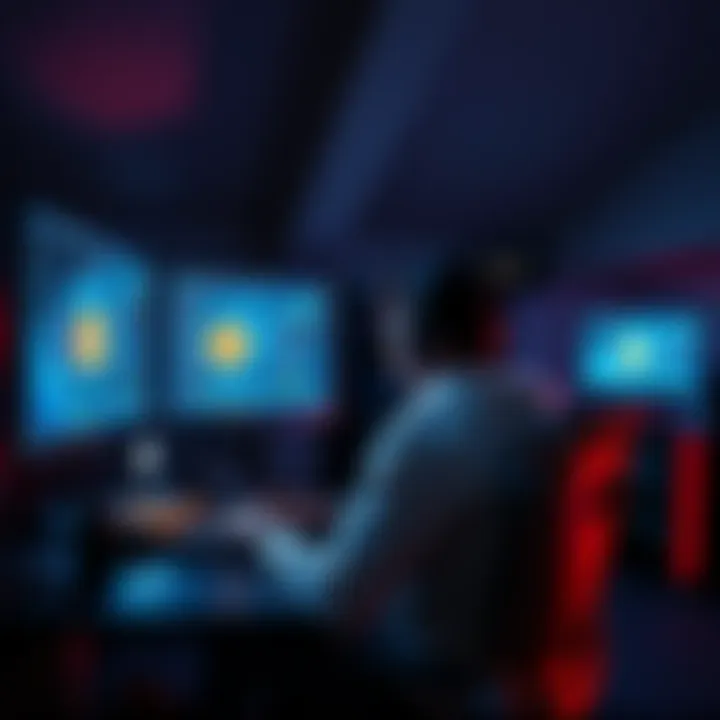 Home miner working on a Bitcoin setup A person sitting at a desk with multiple computer screens, focused on mining Bitcoin at home, with mining equipment visible.