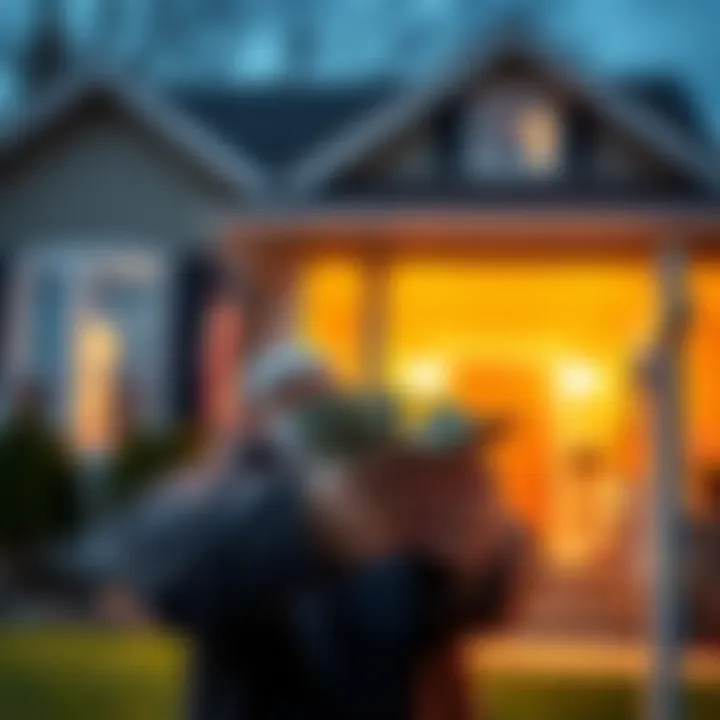 A person counting cash money in front of a house for sale, raising questions about down payments in real estate.