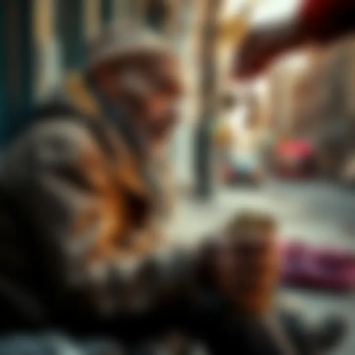 Homeless person receiving coins A homeless person sitting on the street with a hopeful expression as someone drops coins into their cup, symbolizing small donations.